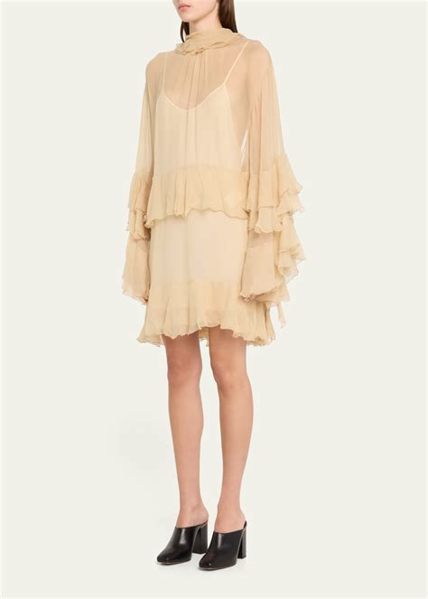 Ruffled mini dress in silk mousseline 